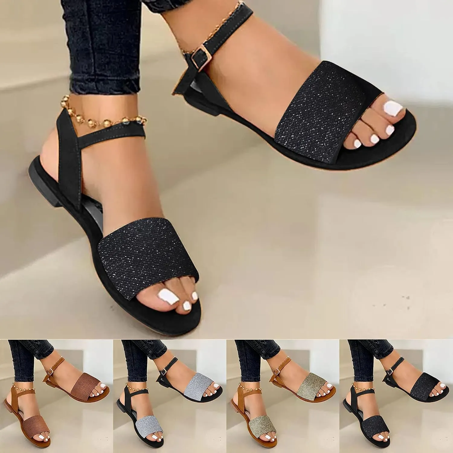 Eduavar Sandals Women, Women's Sandals Dressy Summer Sandals Size Large Buckle Open Toe Sandals Flat Shoes