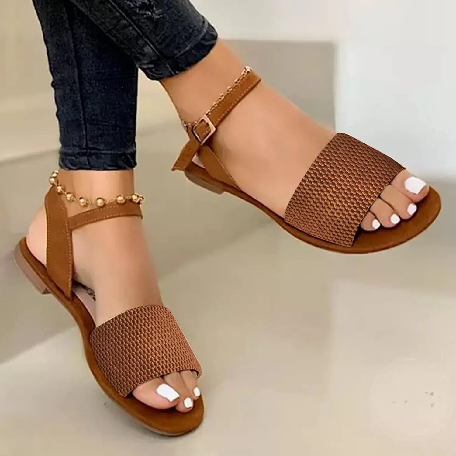 Eduavar Sandals Women, Women's Sandals Dressy Summer Sandals Size Large Buckle Open Toe Sandals Flat Shoes