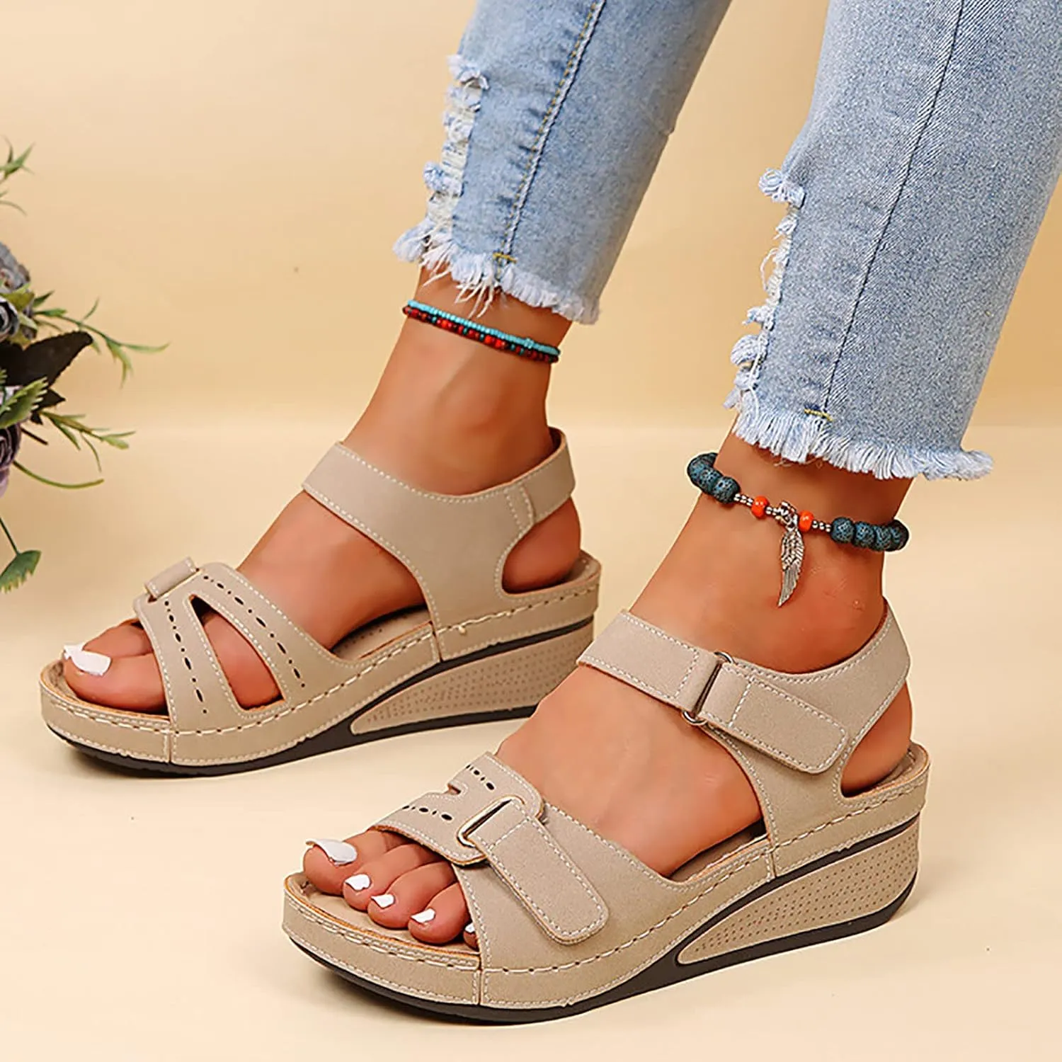 Eduavar Wedge Sandals for Women, Walking Sandals Women Comfort Orthopedic Sandals Platform Open Toe Sandals with Buckle Strap