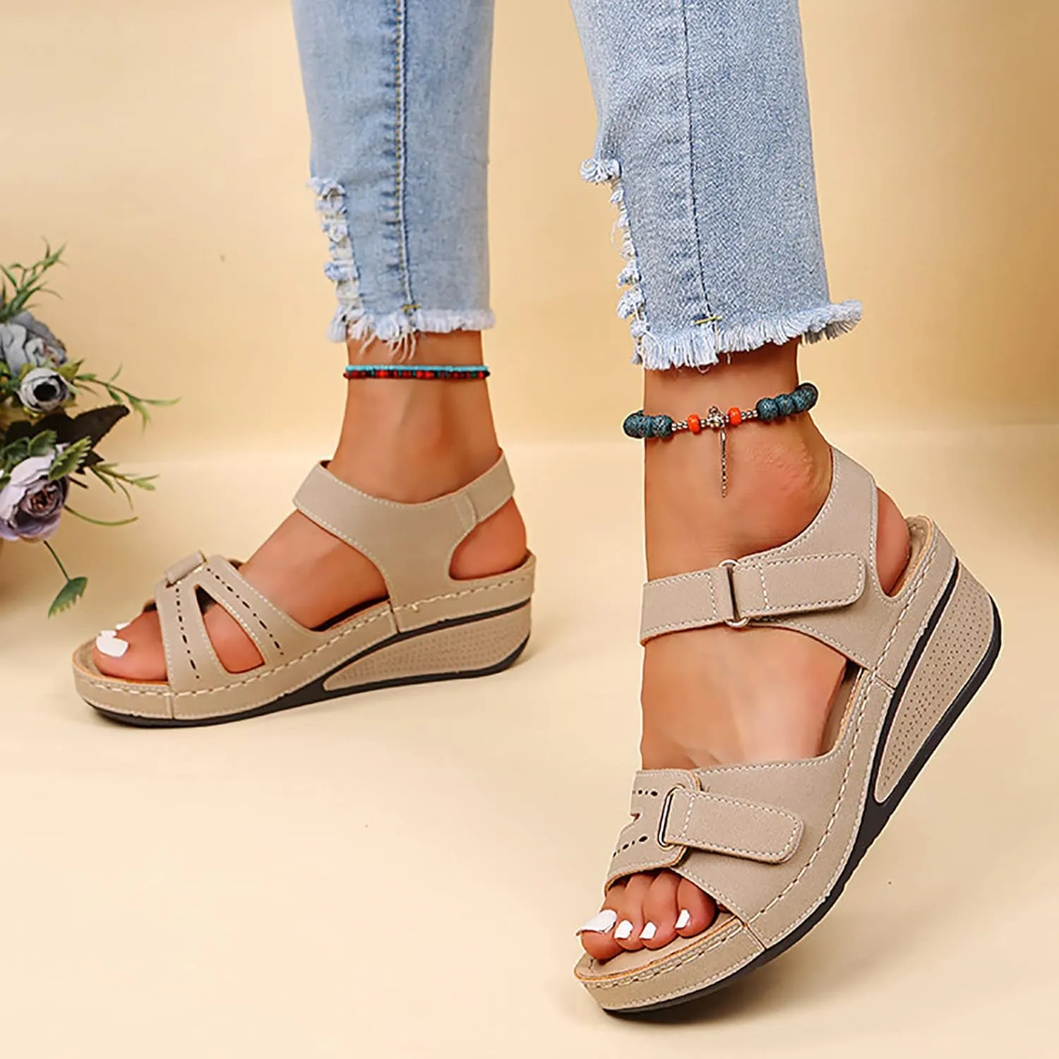 Eduavar Wedge Sandals for Women, Walking Sandals Women Comfort Orthopedic Sandals Platform Open Toe Sandals with Buckle Strap