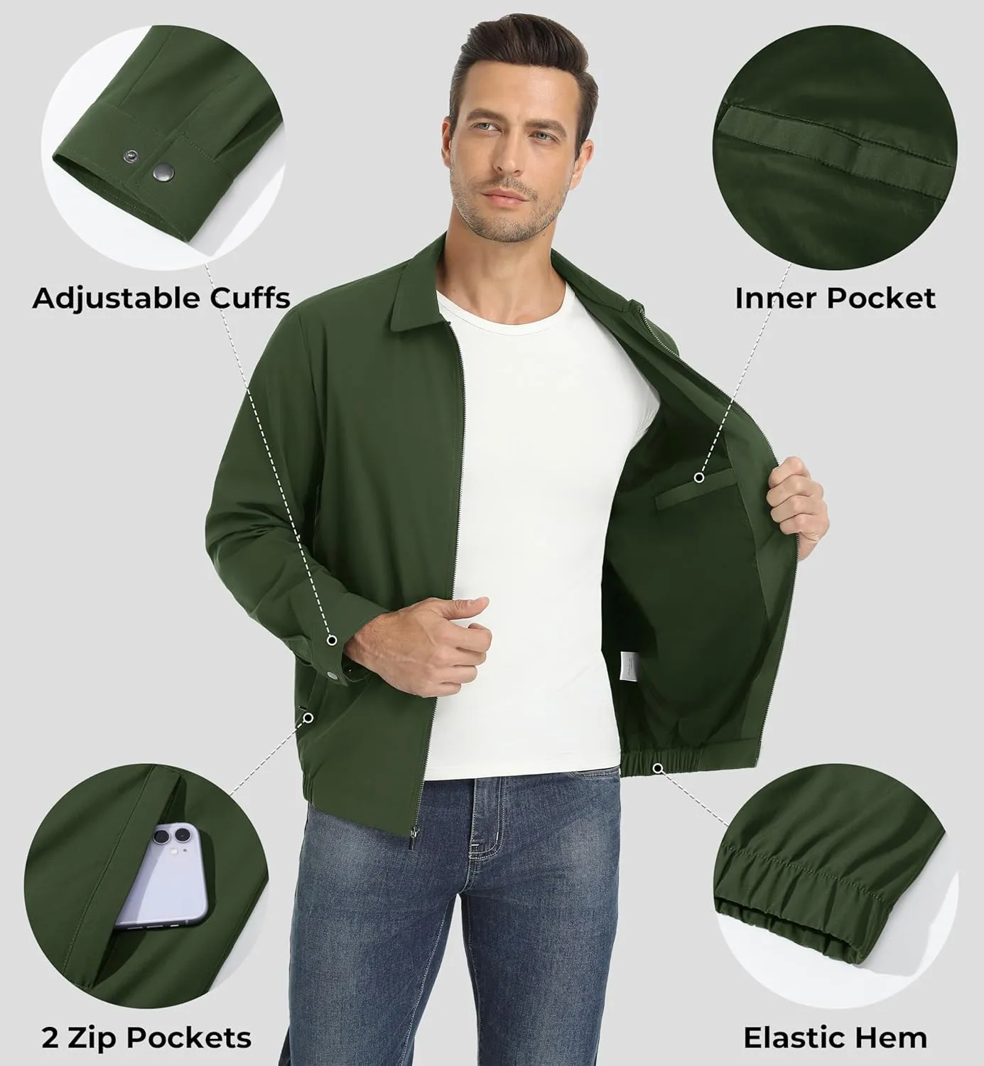 EKLENTSON Mens Lightweight Jackets Full Zip Laydown Collar Golf Light Windbreaker Jackets with Zip Pockets