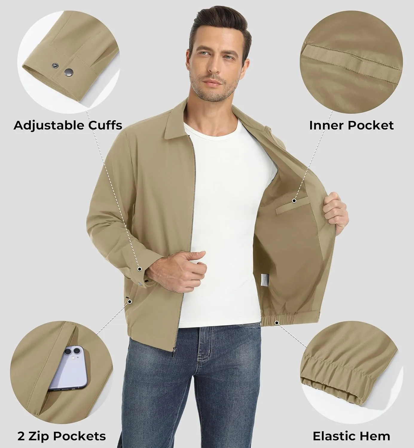 EKLENTSON Mens Lightweight Jackets Full Zip Laydown Collar Golf Light Windbreaker Jackets with Zip Pockets