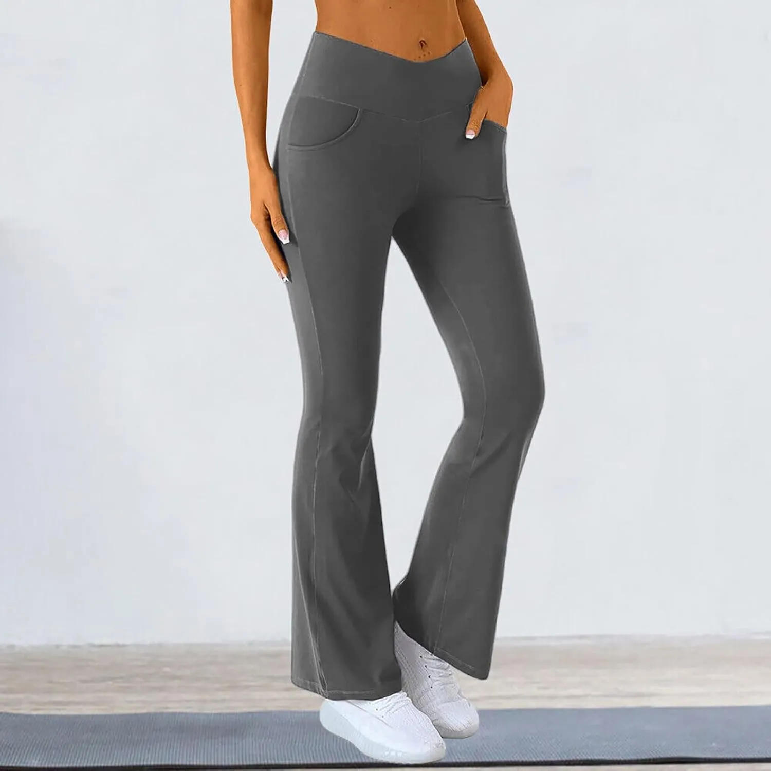 fanmpghleoo Flare Leggings for Women Tummy Control High Waisted Crossover Leggings with Pockets Stretchy Bootcut Yoga Pants