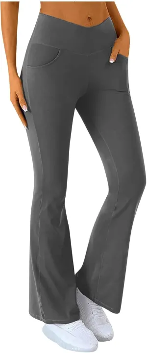 fanmpghleoo Flare Leggings for Women Tummy Control High Waisted Crossover Leggings with Pockets Stretchy Bootcut Yoga Pants