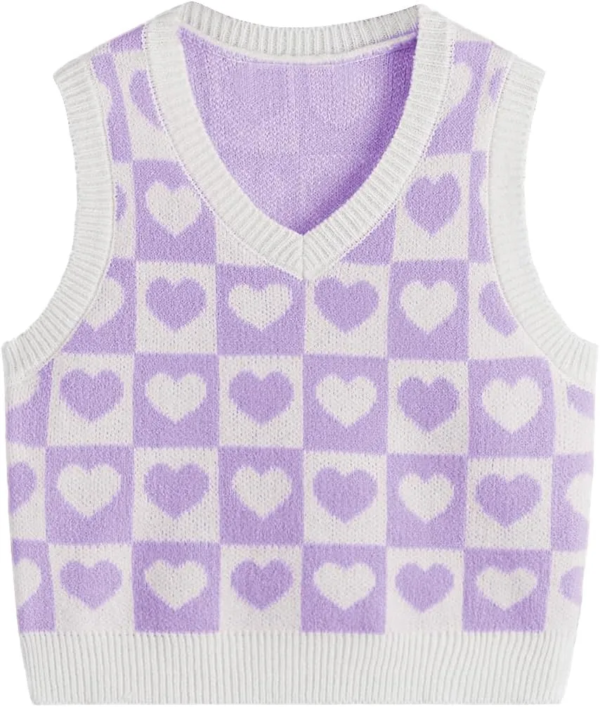 Floerns Girls Heart Print Sleeveless Sweater Vest V Neck Knitwear Tank Top