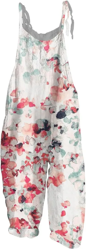 Floral Print Cotton Linen Summer Overalls for Women 2025 Fashion Plus Size Adjustable Jumpsuits Rompers Pants