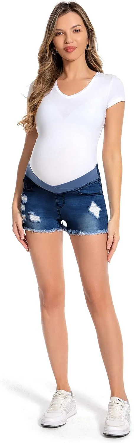 Foucome Women's Maternity Ripped Jean Shorts Roll Hem Denim Shorts Pregnancy Summer Shorts