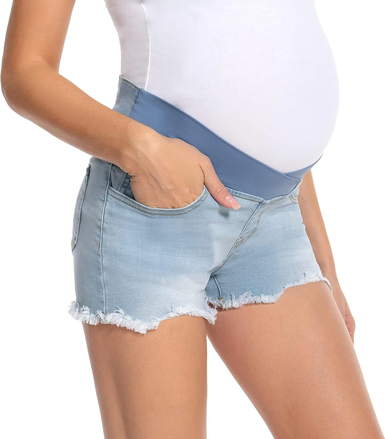 Foucome Women's Maternity Ripped Jean Shorts Roll Hem Denim Shorts Pregnancy Summer Shorts