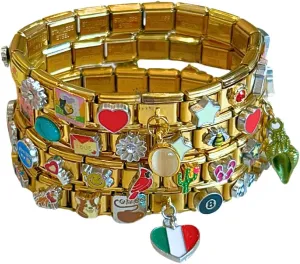 Full Gold Italian Charm Bracelet - Set of 1 Assembled Vintage Style with 18 Unique Styles Links Designs Tourist Souvenir (Single Bracelet, Mystery Charms)