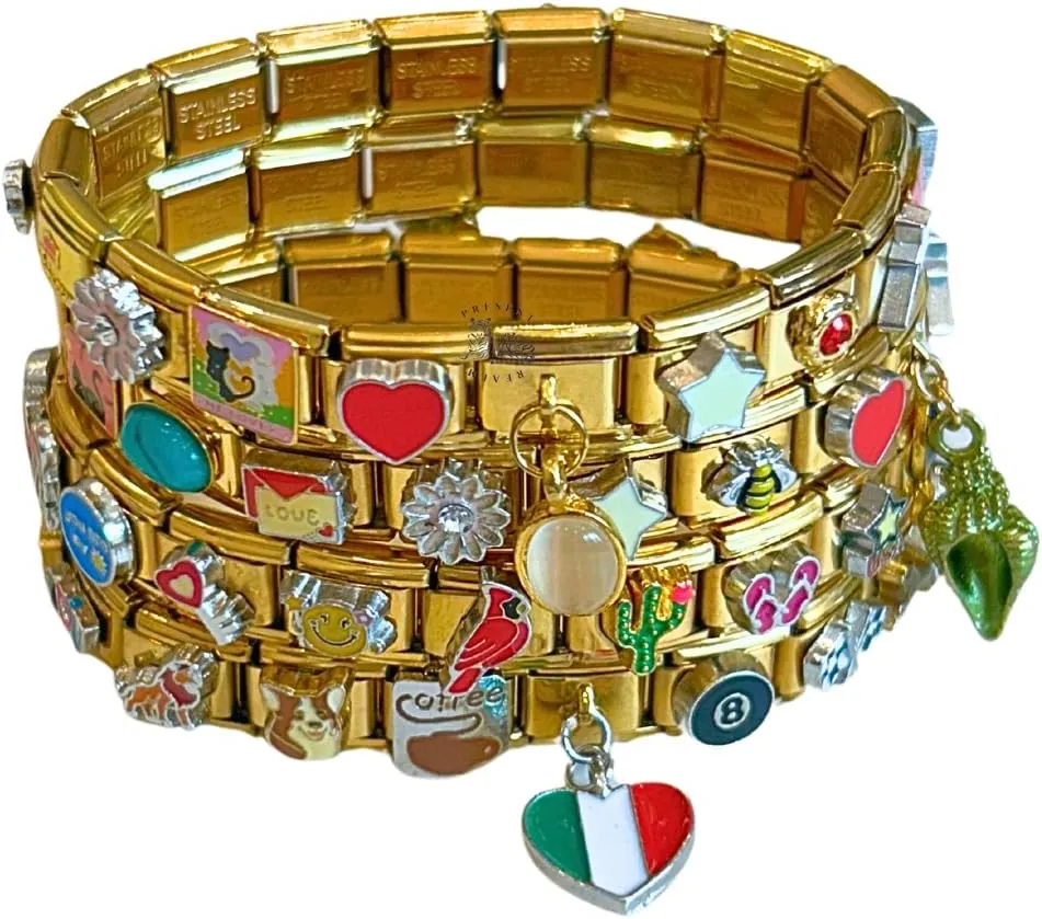 Full Gold Italian Charm Bracelet - Set of 1 Assembled Vintage Style with 18 Unique Styles Links Designs Tourist Souvenir (Single Bracelet, Mystery Charms)