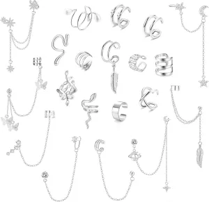 FUNRUN JEWELRY 20Pcs Ear Cuff Earrings for Women Non Piercing Cuff Chain Earrings Adjustable Helix Cartilage Cuff Wrap Earrings Clip on Earrings Jewelry Set