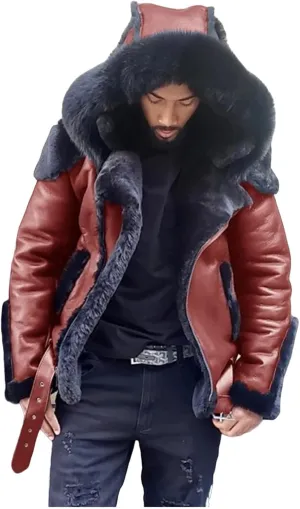 Fur Coat Men Fleece Lined Leather Jackets Zip Up Motorcycle Jacket Warm Winter Coats Outdoor Work Outwear with Hood