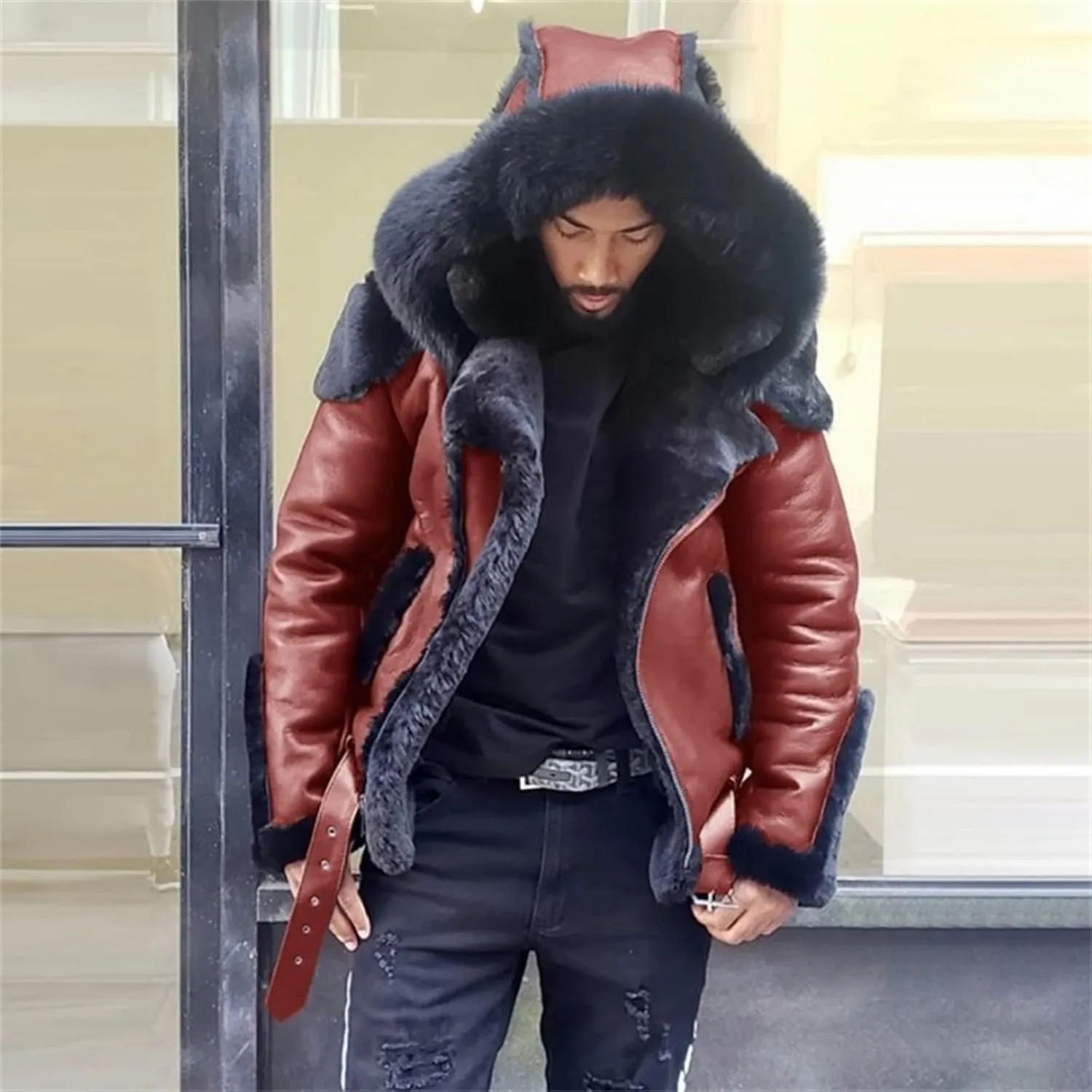Fur Coat Men Fleece Lined Leather Jackets Zip Up Motorcycle Jacket Warm Winter Coats Outdoor Work Outwear with Hood
