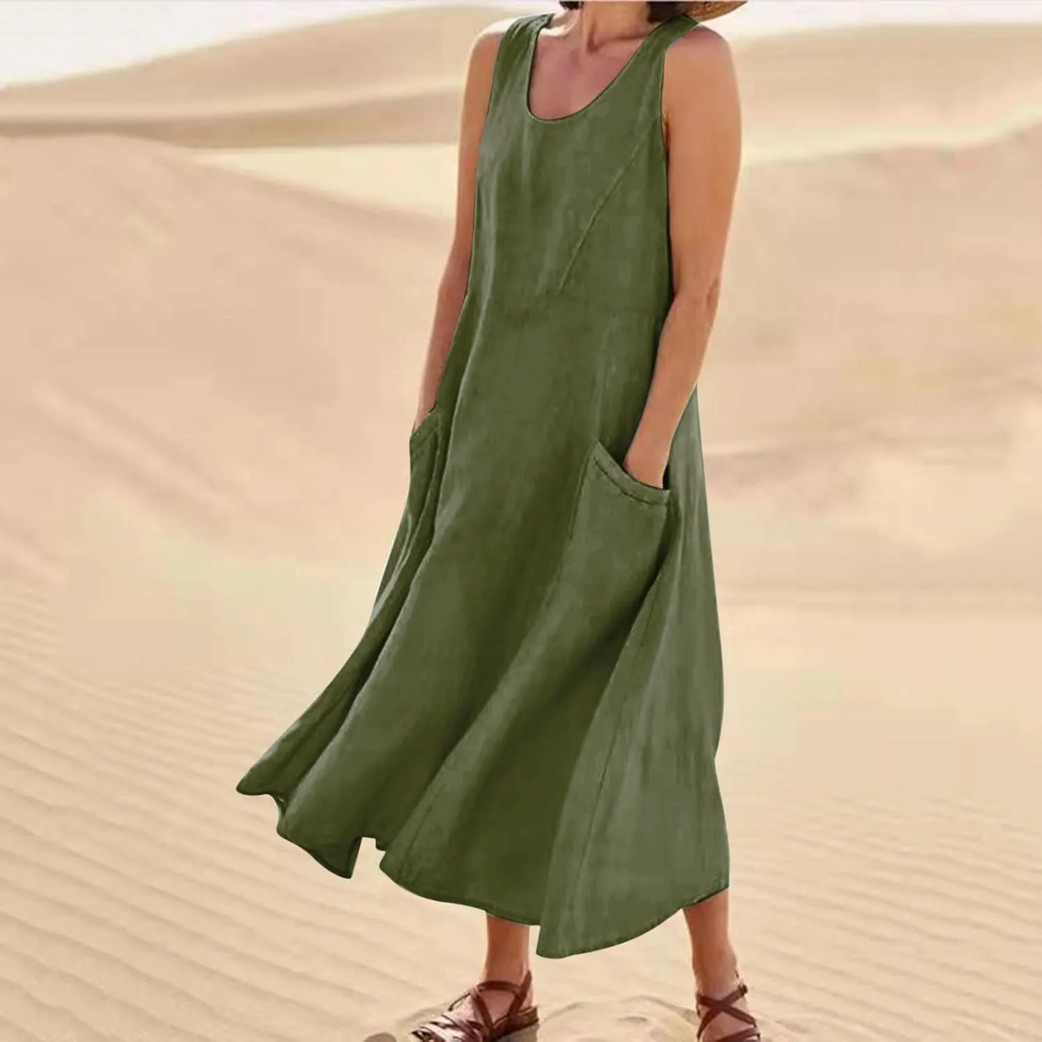 FZYLQY Women's Summer Cotton Linen Long Dress Sleeveless Elegant Flowy Sundresses for Women Loose Comfy Dress with Pockets