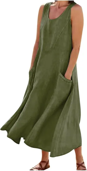 FZYLQY Women's Summer Cotton Linen Long Dress Sleeveless Elegant Flowy Sundresses for Women Loose Comfy Dress with Pockets