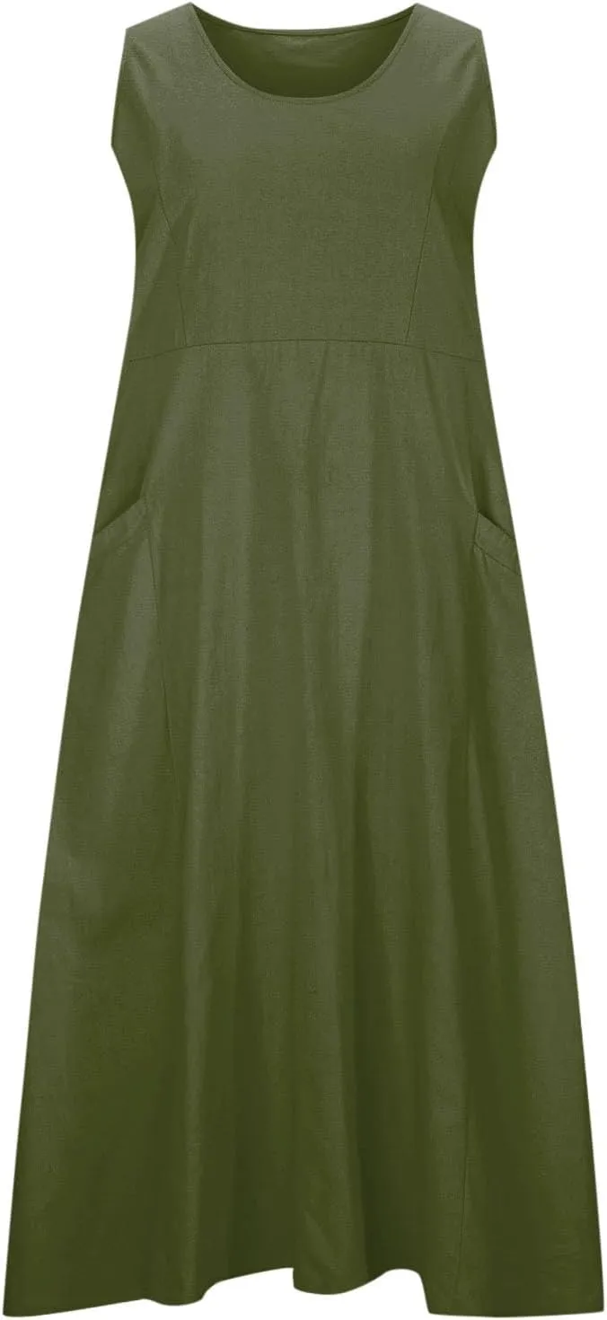 FZYLQY Women's Summer Cotton Linen Long Dress Sleeveless Elegant Flowy Sundresses for Women Loose Comfy Dress with Pockets