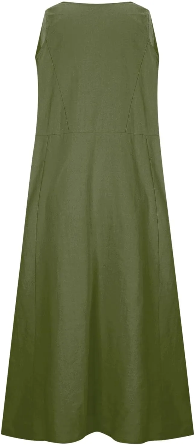 FZYLQY Women's Summer Cotton Linen Long Dress Sleeveless Elegant Flowy Sundresses for Women Loose Comfy Dress with Pockets