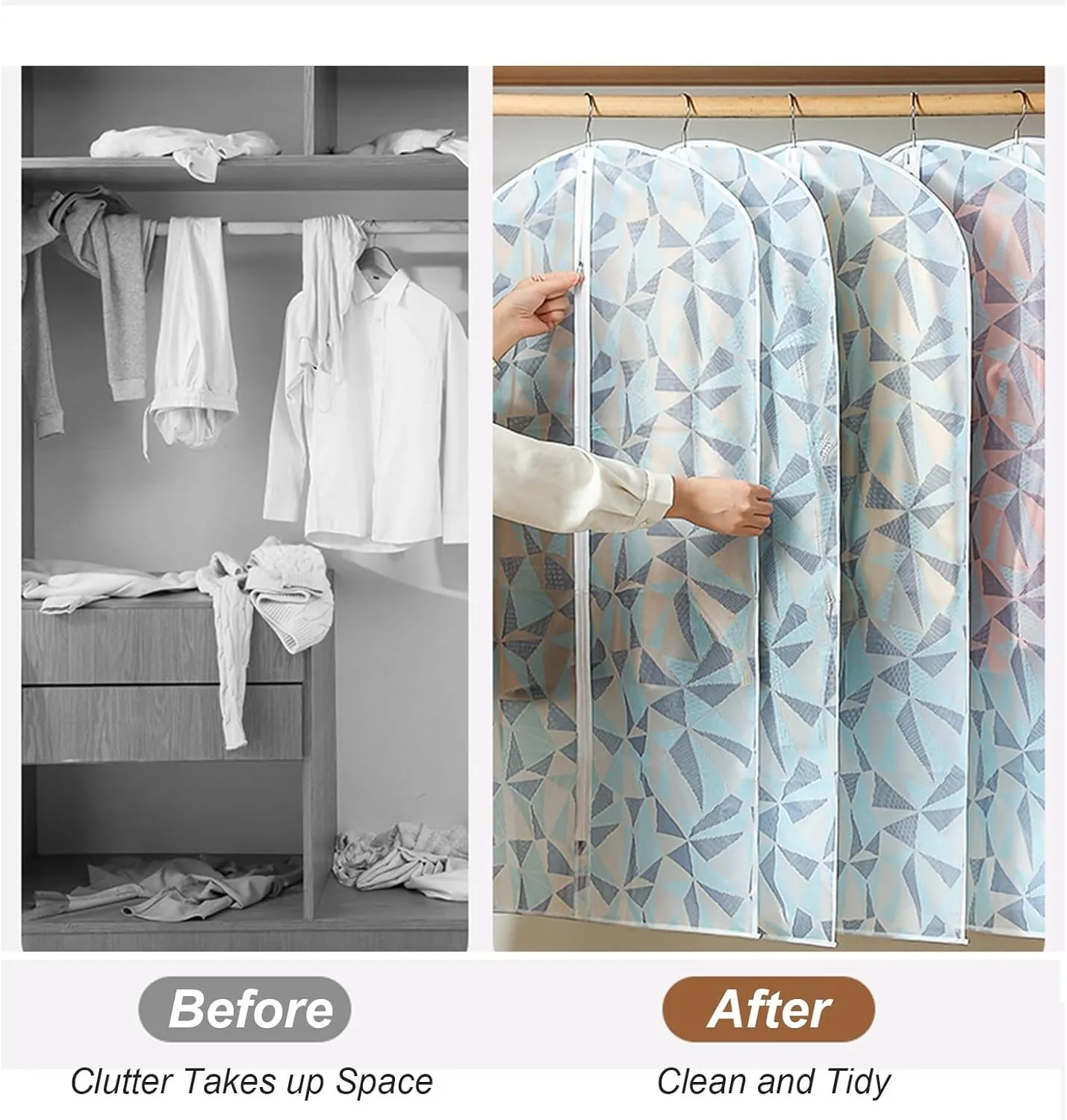 Garment Bags for Hanging Clothes, Translucent Suit Cover Bags with Zipper for T-Shirt, Jacket, Coats, Dresses, 5 Packs, PEVA(60x130cm/24x51in)