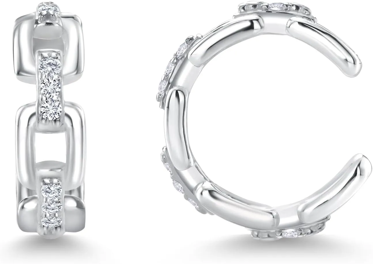 Gem Stone King 925 Sterling Silver White Lab Grown Diamond Round Huggie Clip On Ear Cuff Earrings Non-Piercing Fine Jewelry For Women (10MM=0.40 Inch Diameter, 3.5MM Width)