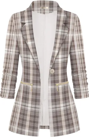 Genhoo Women's Long Sleeve Blazer Open Front Cardigan Jacket Work Office Blazer with Zipper Pockets S-3XL