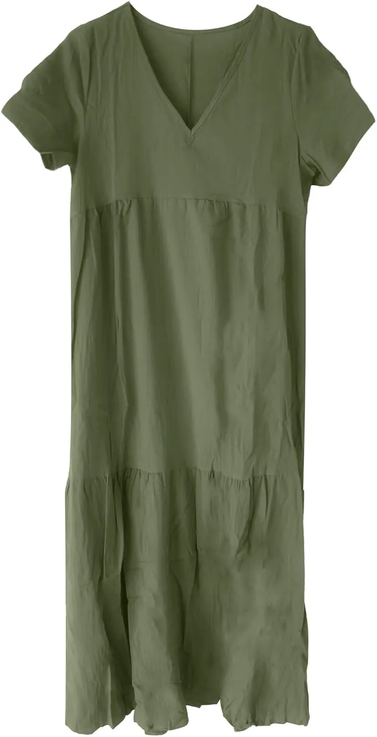 GOKKILRW Womens Oversized Baggy Flowy Maxi Dress Linen Summer Beach V Neck Casual Long Dress Plus Size Short Sleeve Dresses