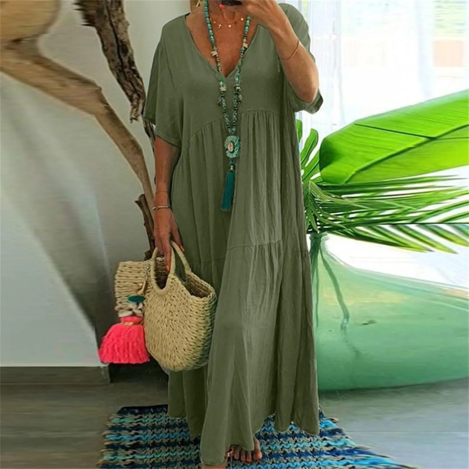 GOKKILRW Womens Oversized Baggy Flowy Maxi Dress Linen Summer Beach V Neck Casual Long Dress Plus Size Short Sleeve Dresses