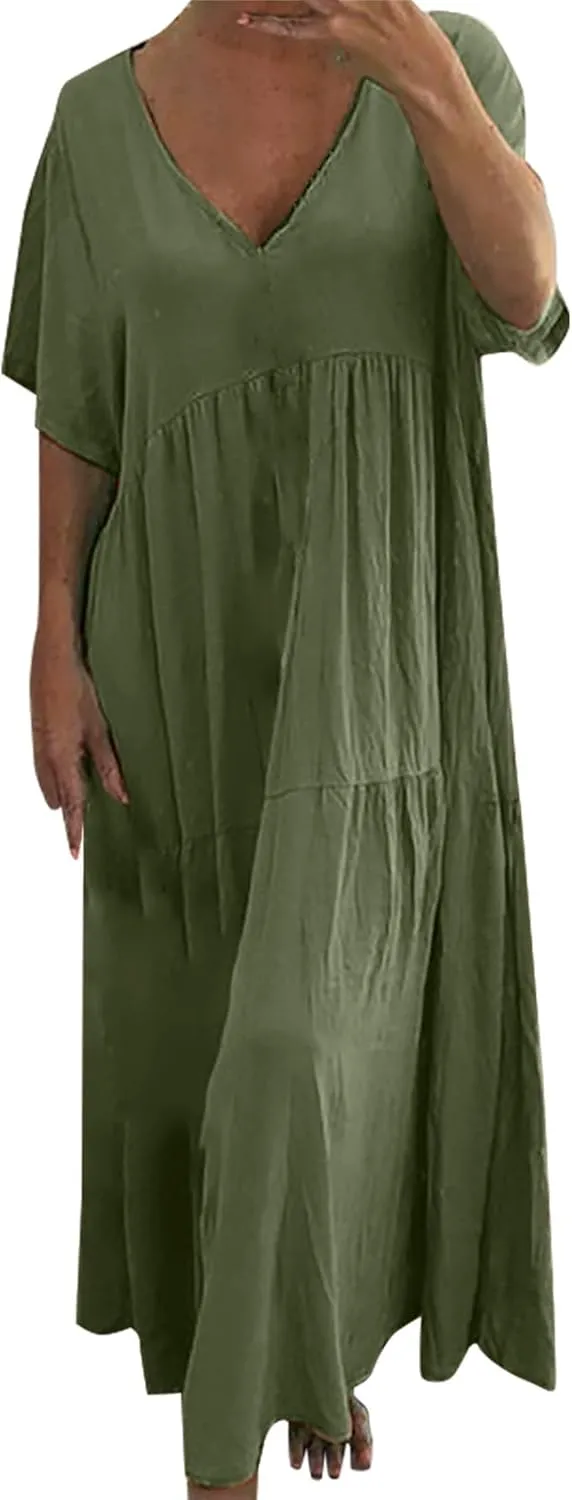 GOKKILRW Womens Oversized Baggy Flowy Maxi Dress Linen Summer Beach V Neck Casual Long Dress Plus Size Short Sleeve Dresses