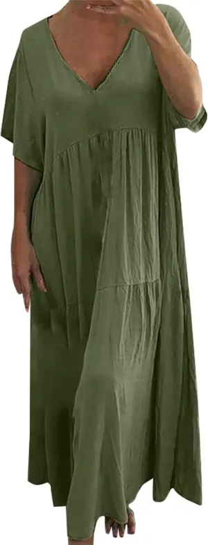 GOKKILRW Womens Oversized Baggy Flowy Maxi Dress Linen Summer Beach V Neck Casual Long Dress Plus Size Short Sleeve Dresses