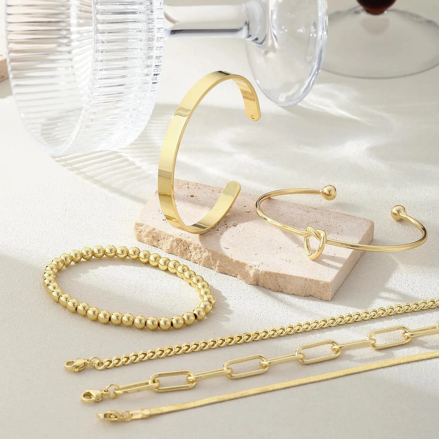 Gold Bracelets for Women,14K Gold Plated Stackable Bracelets Dainty Laying Bracelets Adjustable Layered Bracelets jewelry Set