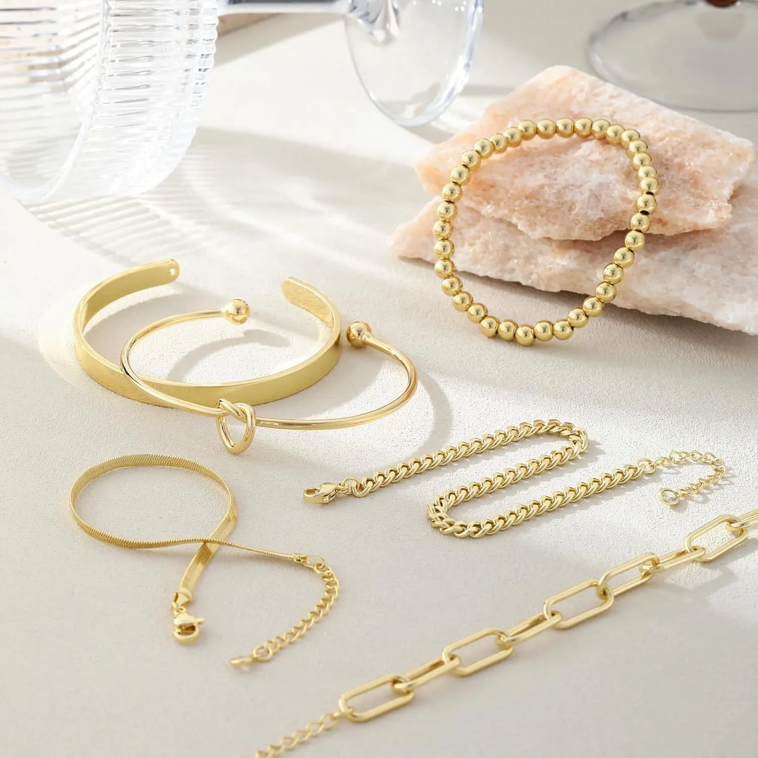 Gold Bracelets for Women,14K Gold Plated Stackable Bracelets Dainty Laying Bracelets Adjustable Layered Bracelets jewelry Set