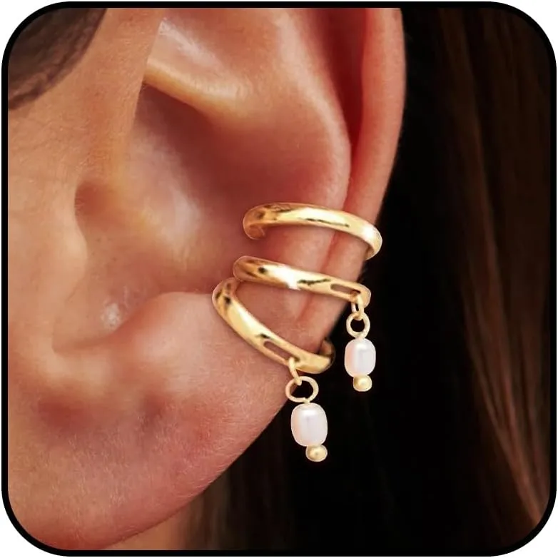 Gold Ear Cuff Non Piercing for Women Pearl Ear Cuff 14K Gold Plated Clip on Earrings Hoop Earrings Stack Cartilage Ear Cuffs Trendy Jewelry Gifts Dainty Birthday Gifts for Women