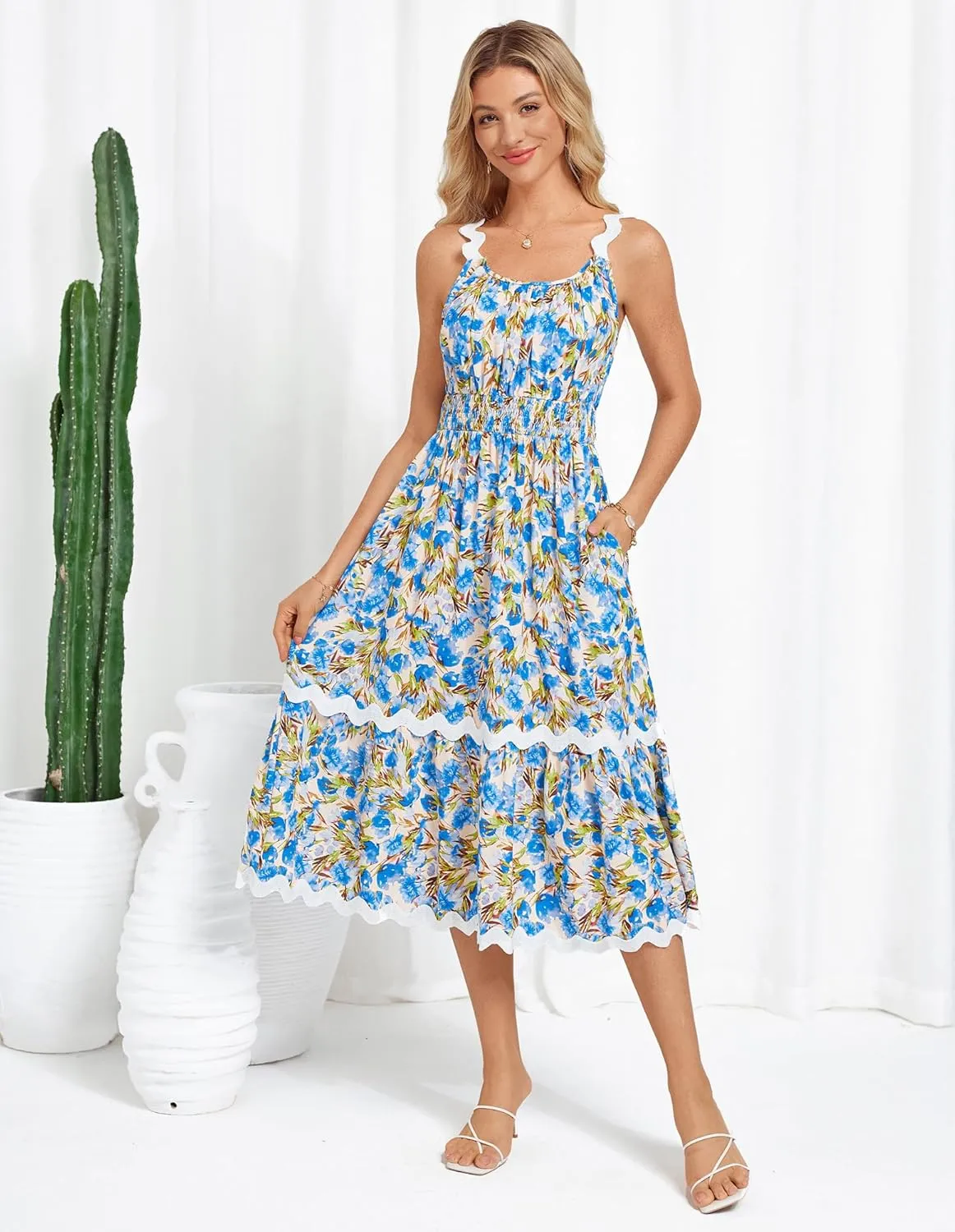 GRACE KARIN Womens 2025 Summer Floral Dress Casual Spaghetti Strap Flowy Outfit RIC Rac Trim Sundress Beach Midi Clothes