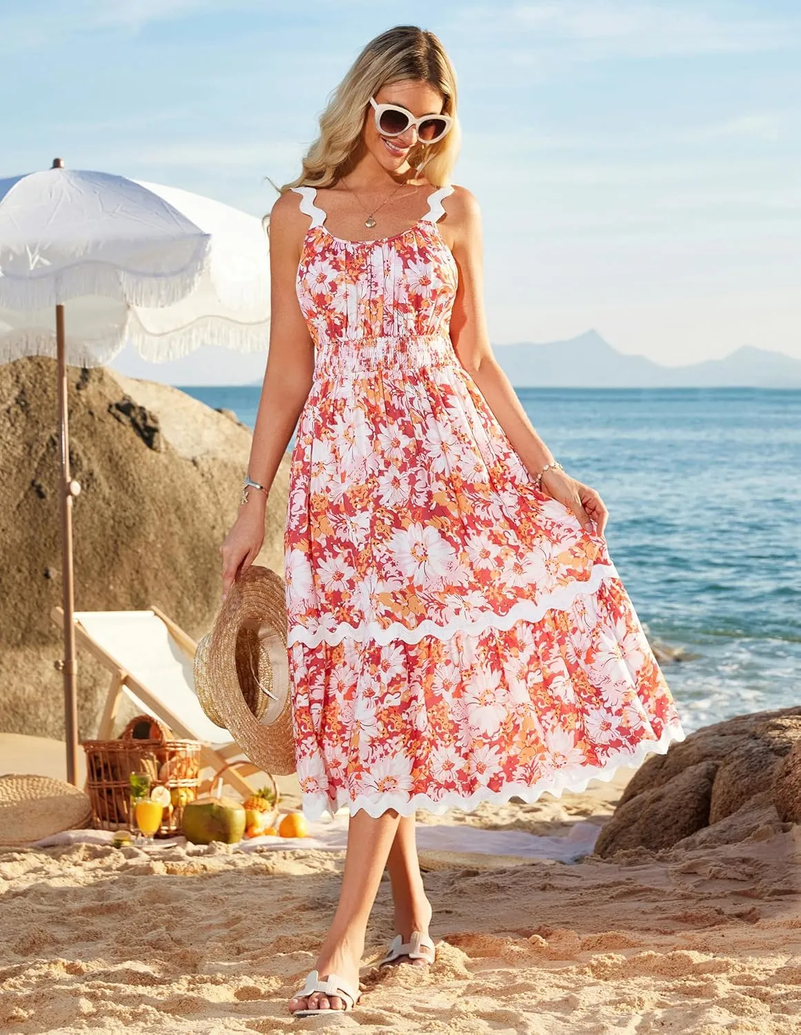 GRACE KARIN Womens 2025 Summer Floral Dress Casual Spaghetti Strap Flowy Outfit RIC Rac Trim Sundress Beach Midi Clothes