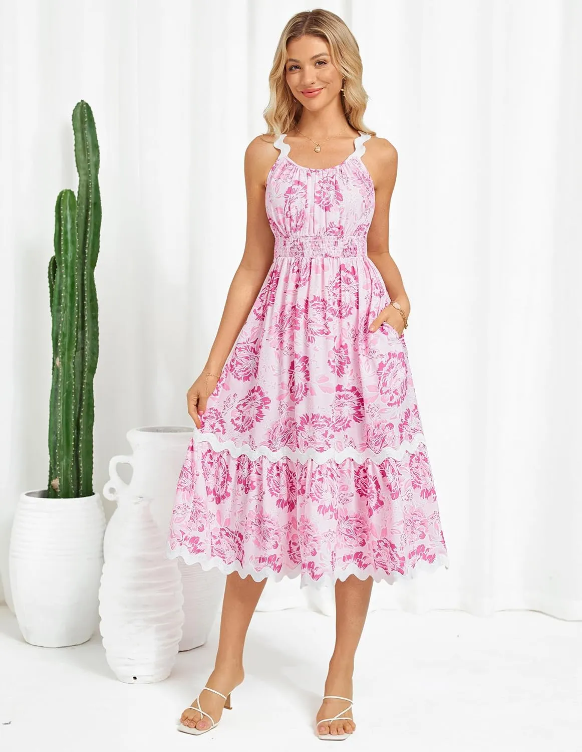 GRACE KARIN Womens 2025 Summer Floral Dress Casual Spaghetti Strap Flowy Outfit RIC Rac Trim Sundress Beach Midi Clothes