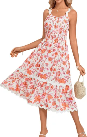 GRACE KARIN Womens 2025 Summer Floral Dress Casual Spaghetti Strap Flowy Outfit RIC Rac Trim Sundress Beach Midi Clothes