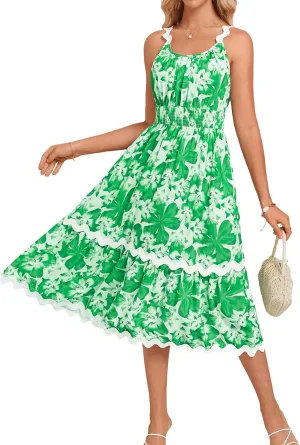 GRACE KARIN Womens 2025 Summer Floral Dress Casual Spaghetti Strap Flowy Outfit RIC Rac Trim Sundress Beach Midi Clothes