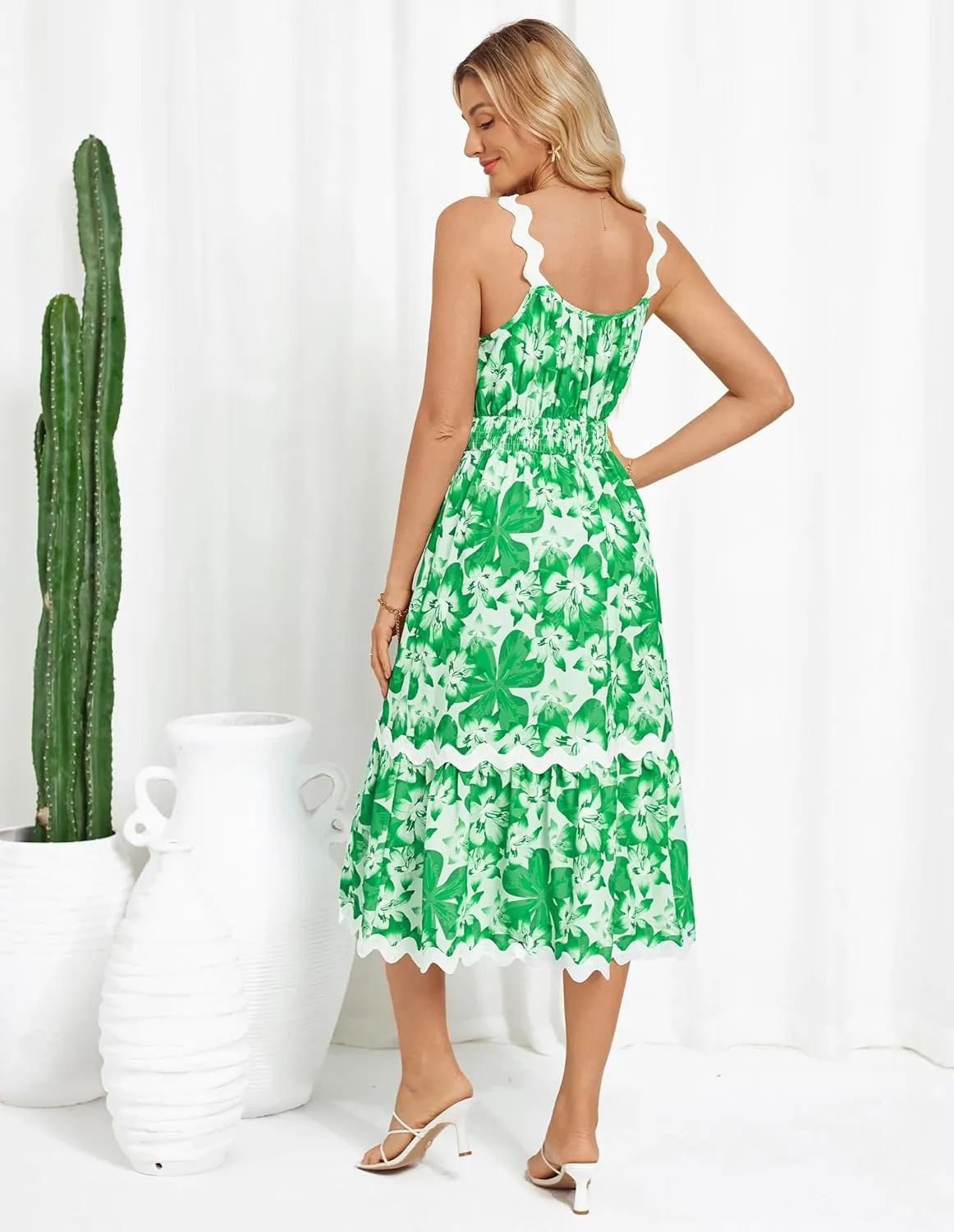 GRACE KARIN Womens 2025 Summer Floral Dress Casual Spaghetti Strap Flowy Outfit RIC Rac Trim Sundress Beach Midi Clothes
