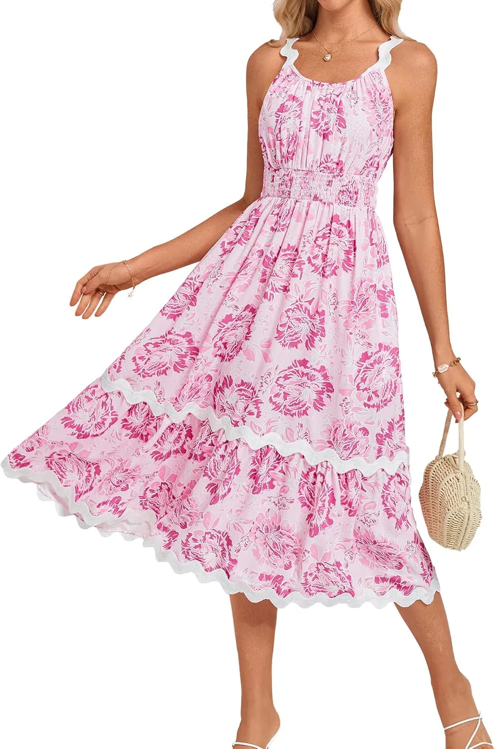GRACE KARIN Womens 2025 Summer Floral Dress Casual Spaghetti Strap Flowy Outfit RIC Rac Trim Sundress Beach Midi Clothes