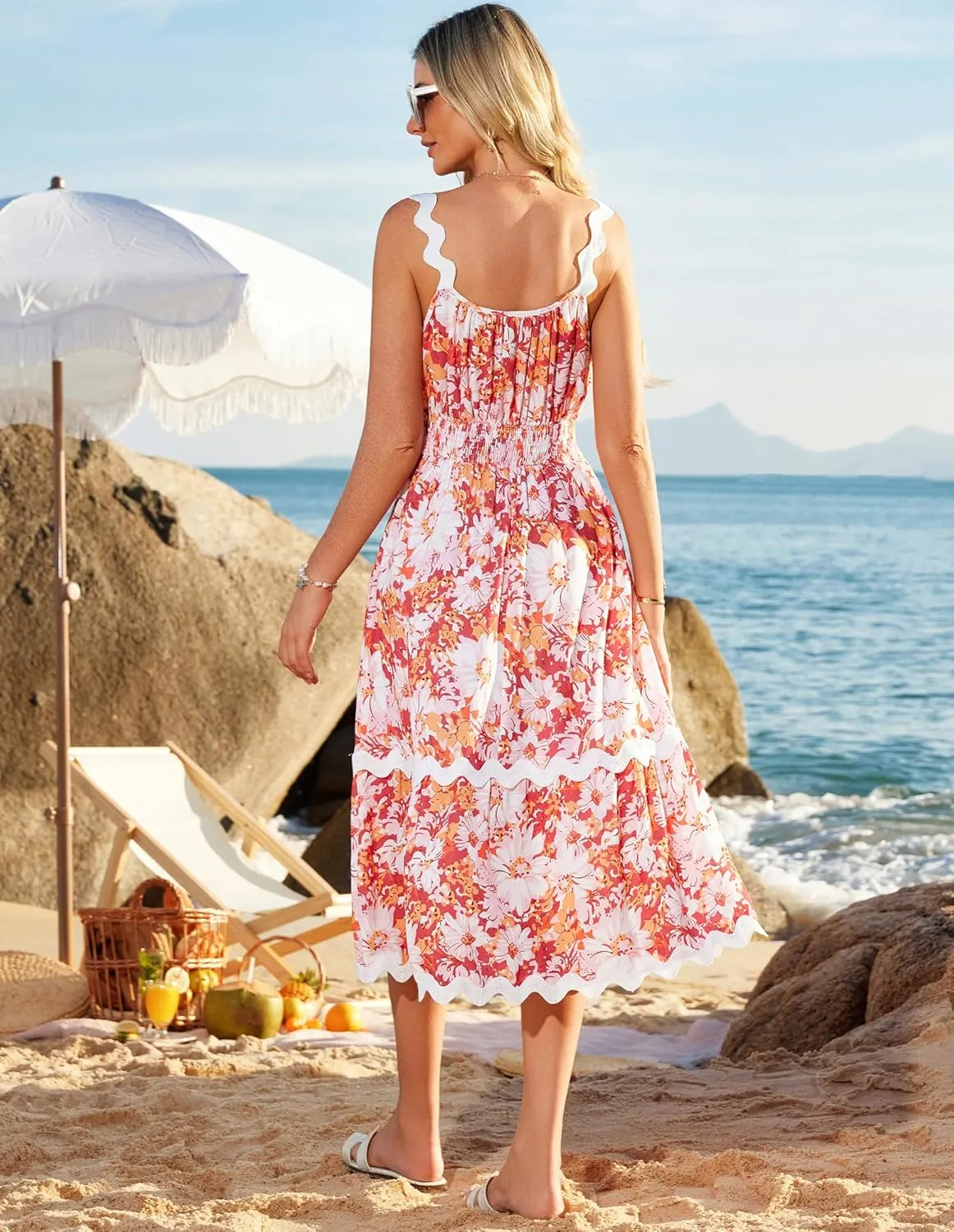 GRACE KARIN Womens 2025 Summer Floral Dress Casual Spaghetti Strap Flowy Outfit RIC Rac Trim Sundress Beach Midi Clothes