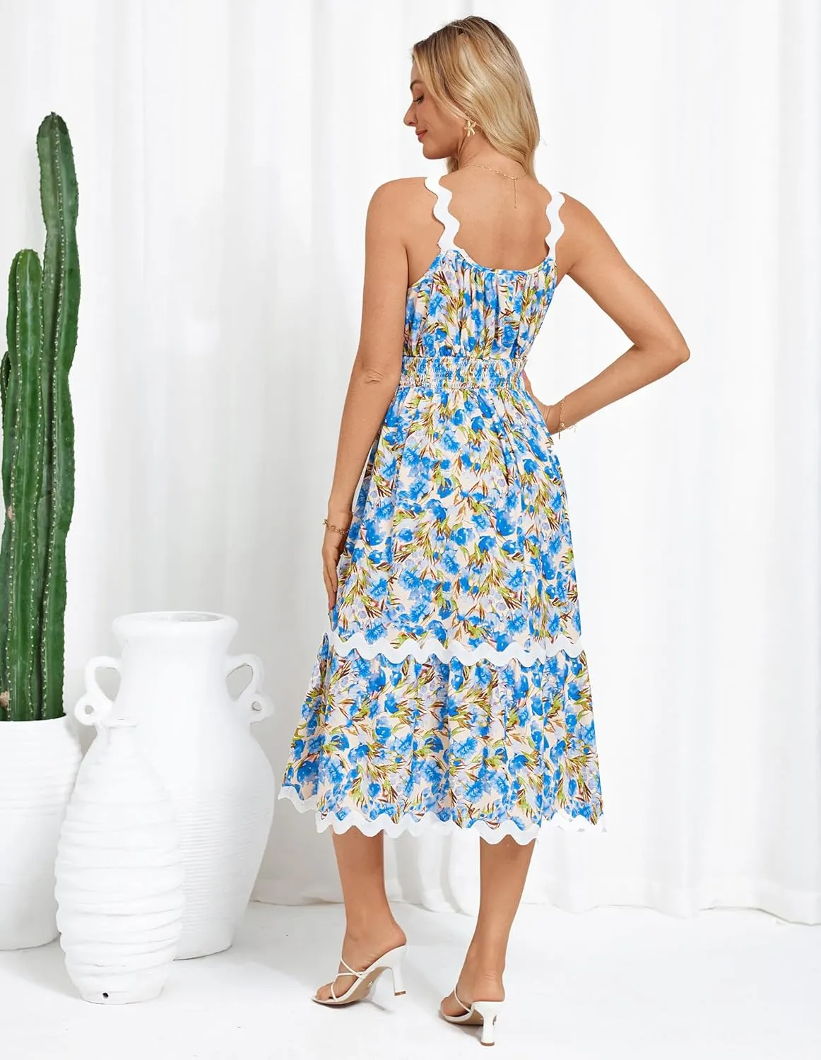 GRACE KARIN Womens 2025 Summer Floral Dress Casual Spaghetti Strap Flowy Outfit RIC Rac Trim Sundress Beach Midi Clothes