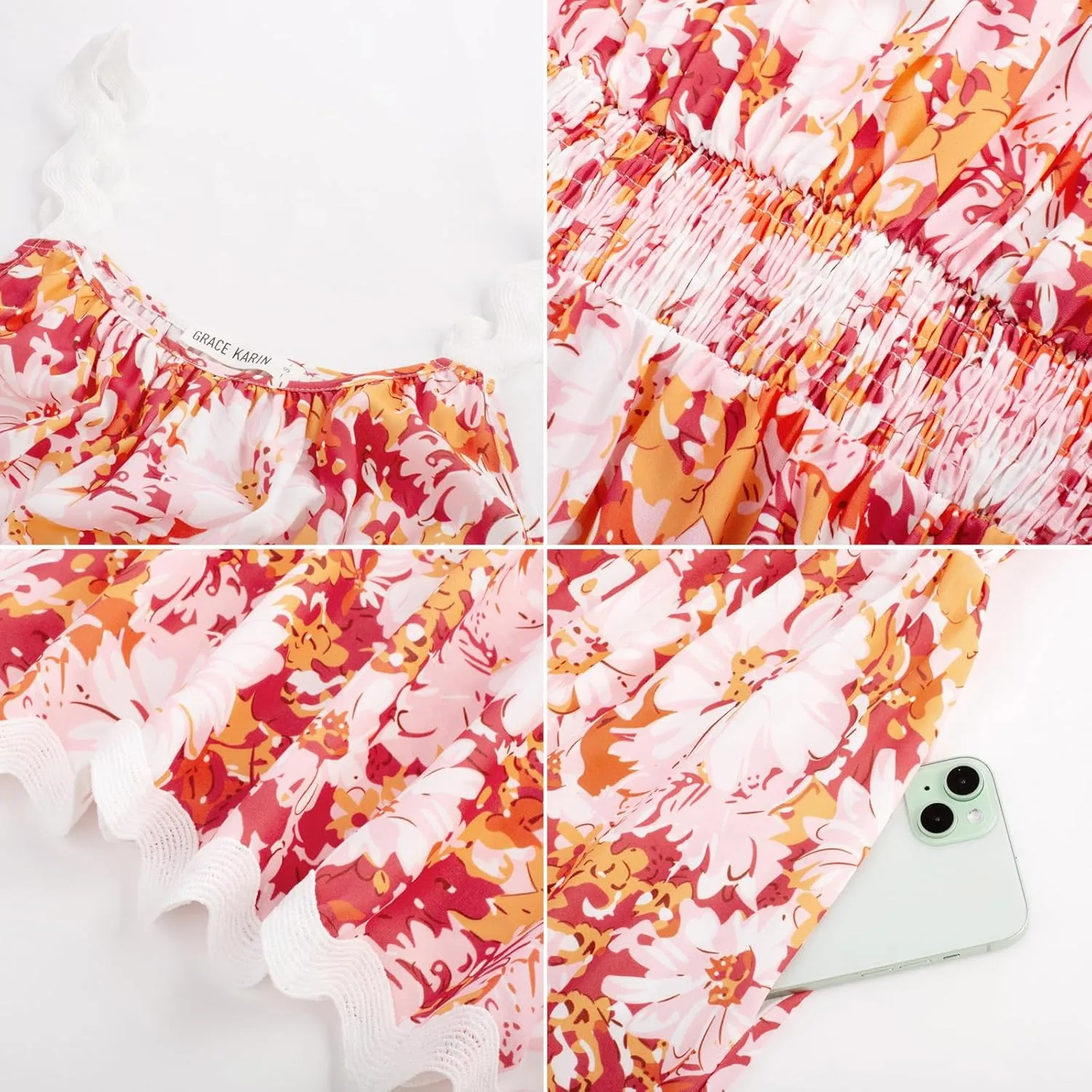 GRACE KARIN Womens 2025 Summer Floral Dress Casual Spaghetti Strap Flowy Outfit RIC Rac Trim Sundress Beach Midi Clothes