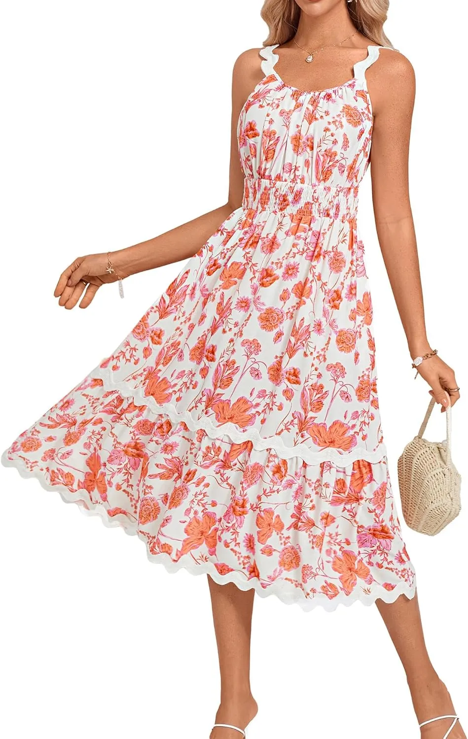 GRACE KARIN Womens 2025 Summer Floral Dress Casual Spaghetti Strap Flowy Outfit RIC Rac Trim Sundress Beach Midi Clothes
