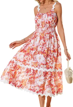 GRACE KARIN Womens 2025 Summer Floral Dress Casual Spaghetti Strap Flowy Outfit RIC Rac Trim Sundress Beach Midi Clothes