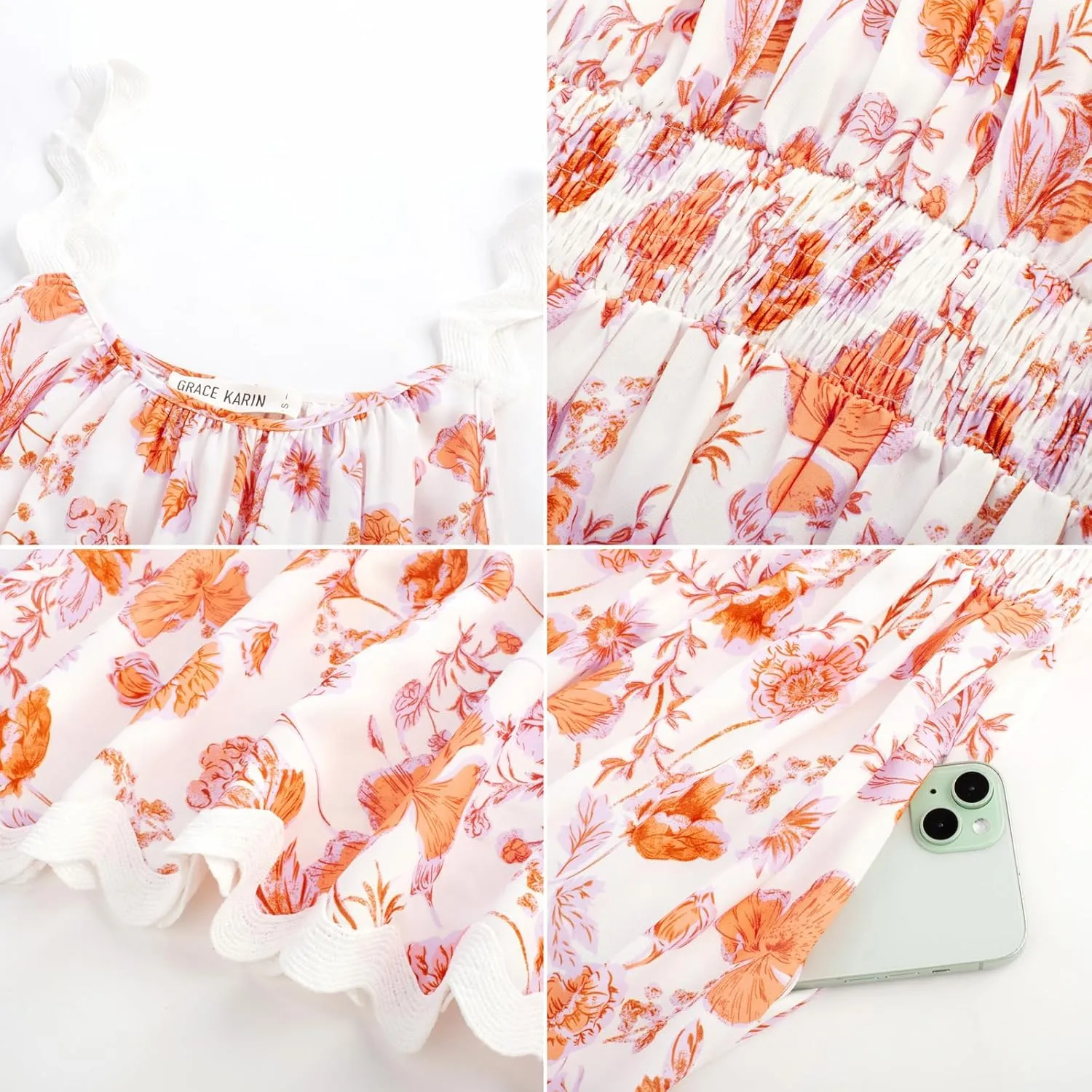 GRACE KARIN Womens 2025 Summer Floral Dress Casual Spaghetti Strap Flowy Outfit RIC Rac Trim Sundress Beach Midi Clothes