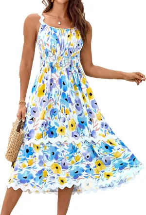 GRACE KARIN Womens 2025 Summer Floral Dress Casual Spaghetti Strap Flowy Outfit RIC Rac Trim Sundress Beach Midi Clothes