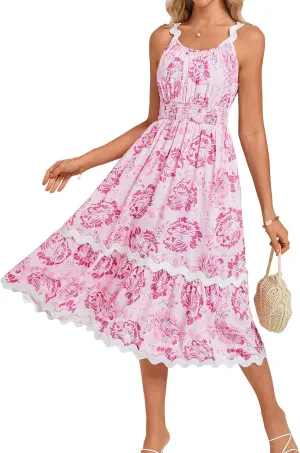 GRACE KARIN Womens 2025 Summer Floral Dress Casual Spaghetti Strap Flowy Outfit RIC Rac Trim Sundress Beach Midi Clothes