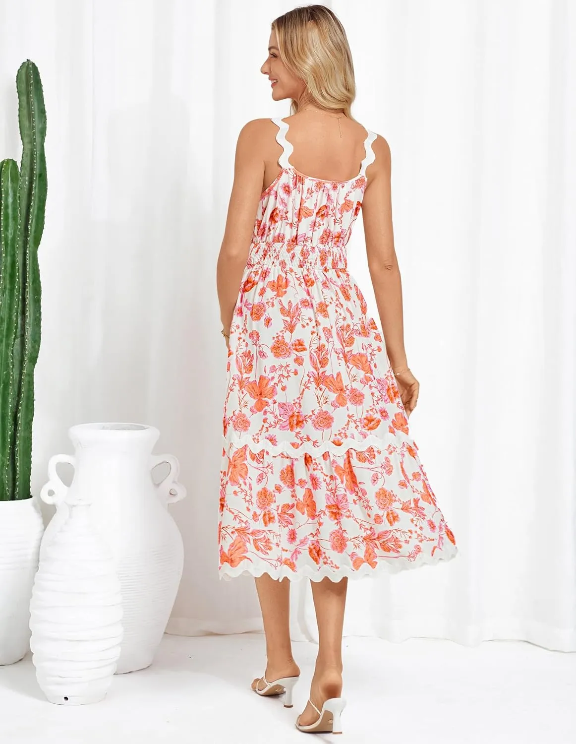 GRACE KARIN Womens 2025 Summer Floral Dress Casual Spaghetti Strap Flowy Outfit RIC Rac Trim Sundress Beach Midi Clothes