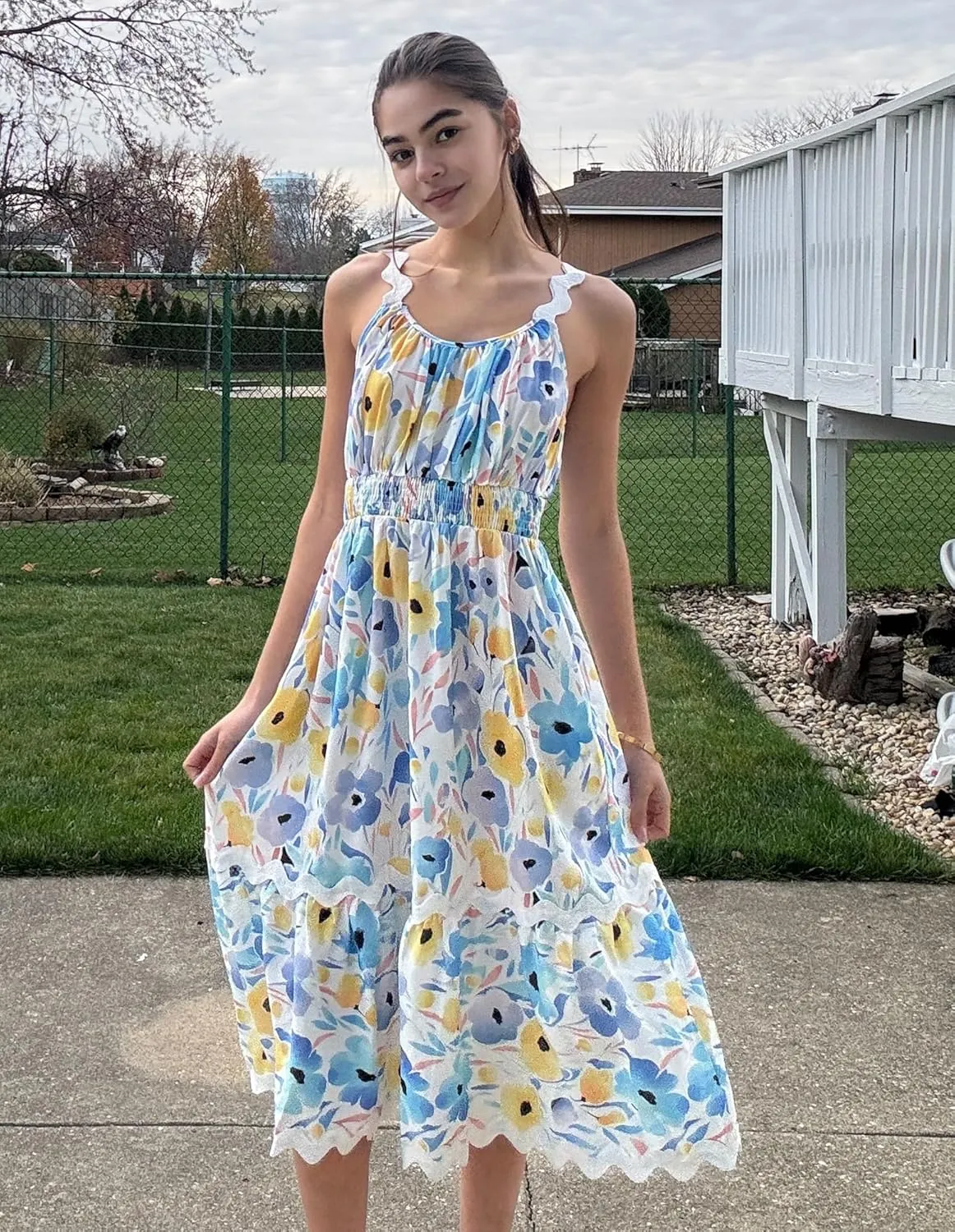 GRACE KARIN Womens 2025 Summer Floral Dress Casual Spaghetti Strap Flowy Outfit RIC Rac Trim Sundress Beach Midi Clothes
