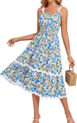 GRACE KARIN Womens 2025 Summer Floral Dress Casual Spaghetti Strap Flowy Outfit RIC Rac Trim Sundress Beach Midi Clothes