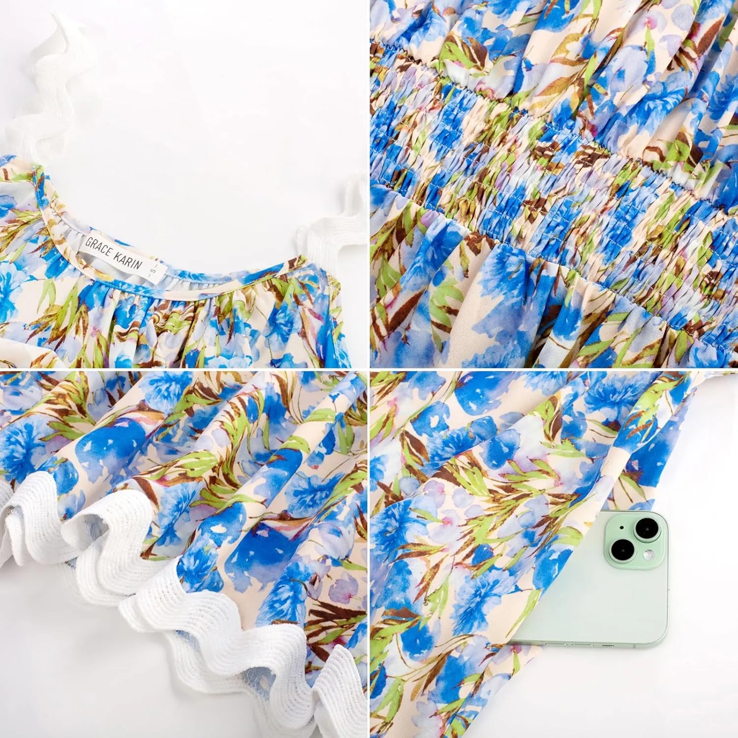 GRACE KARIN Womens 2025 Summer Floral Dress Casual Spaghetti Strap Flowy Outfit RIC Rac Trim Sundress Beach Midi Clothes